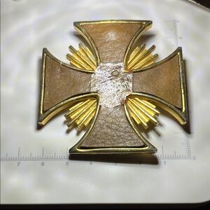 Vintage Kramer Goldtone and Brown Cross Brooch also pendant clip attached.